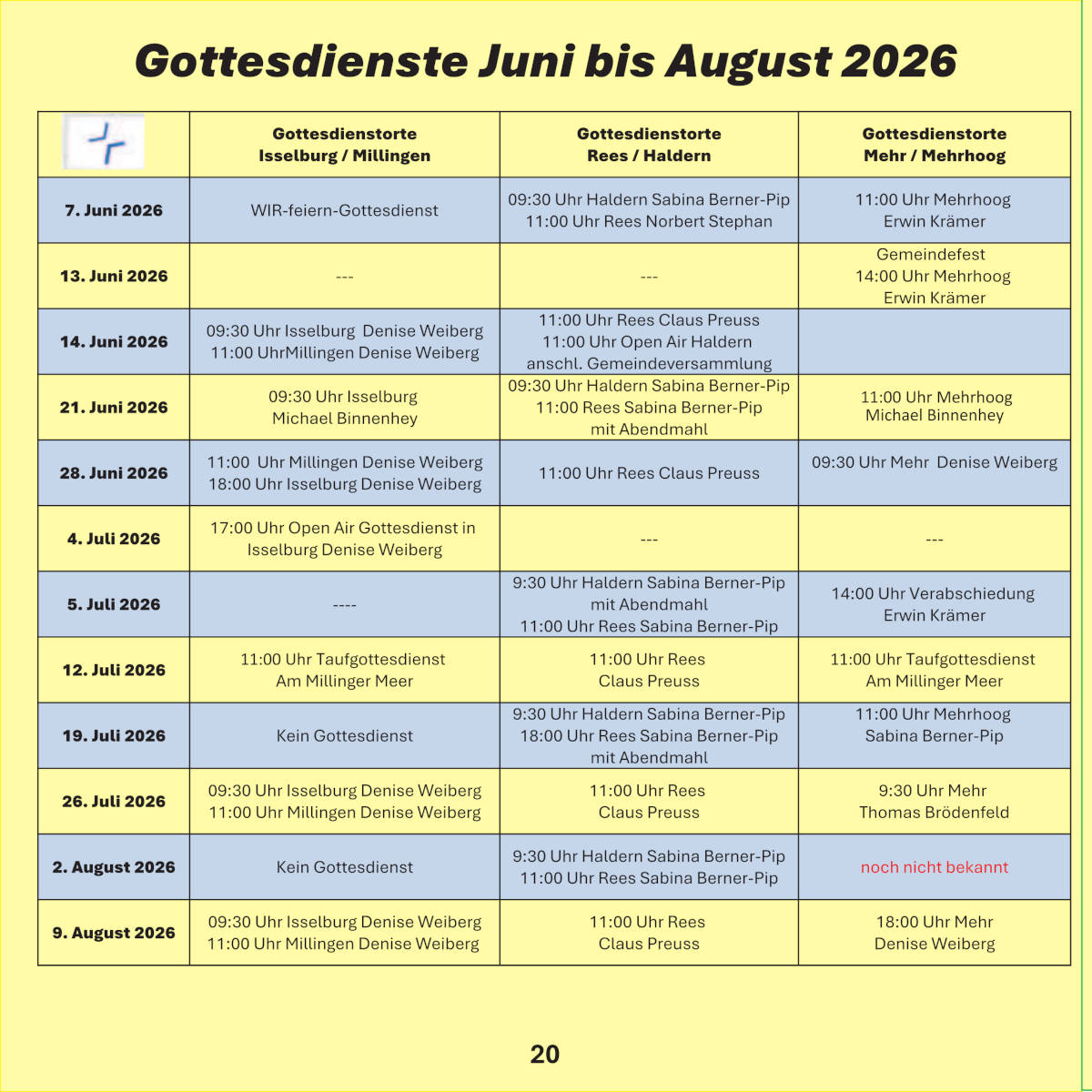 Gottesdienste Juni/August 2026